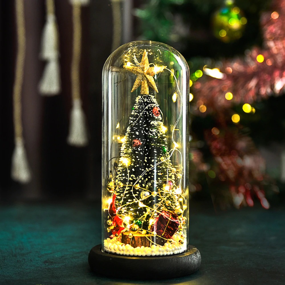 Christmas Tree Glass Dome Display Base LED Fairy String Light Home