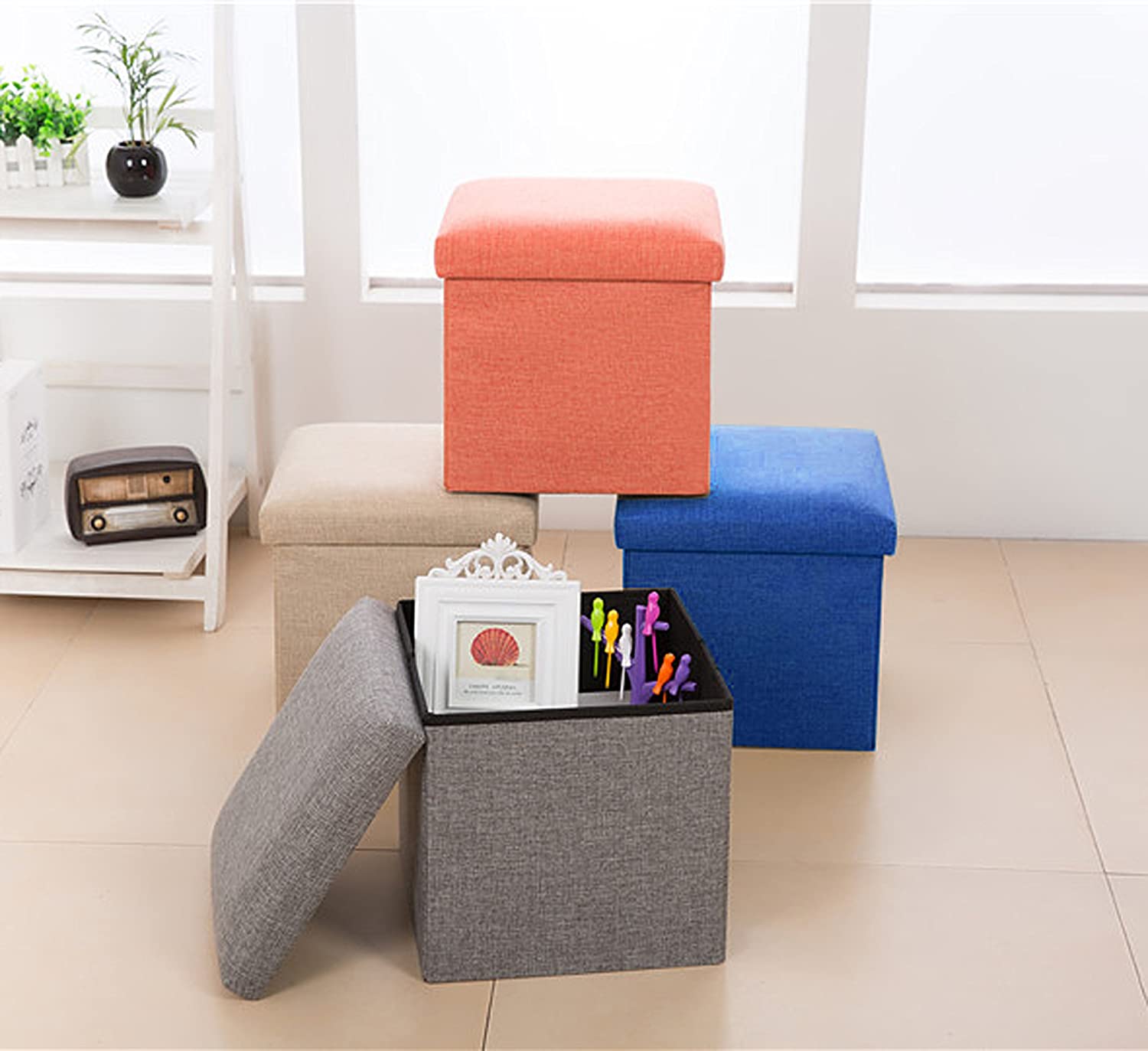 Linen Folding Storage Ottoman Cube Footrest Seat, 12 X 12 X 12 Inches